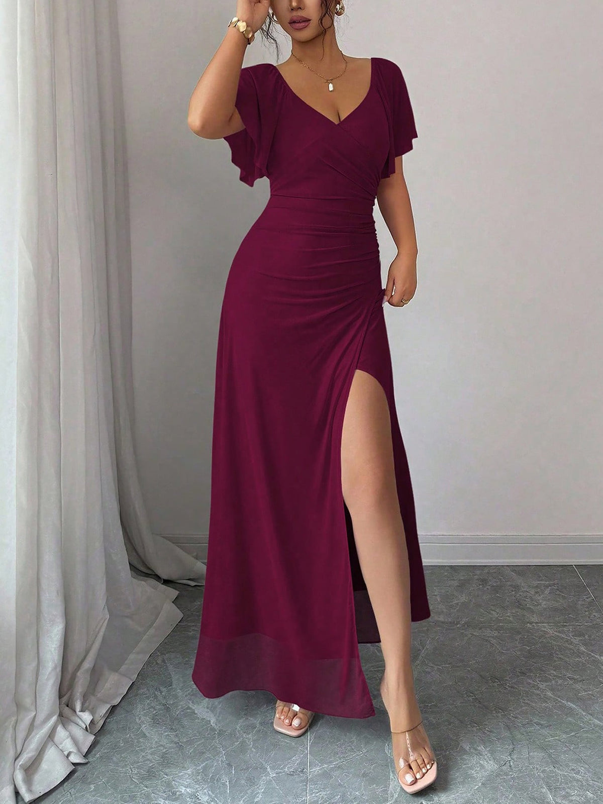 Mesh Panel V-Neck Flare Short Sleeve Slit Dress
