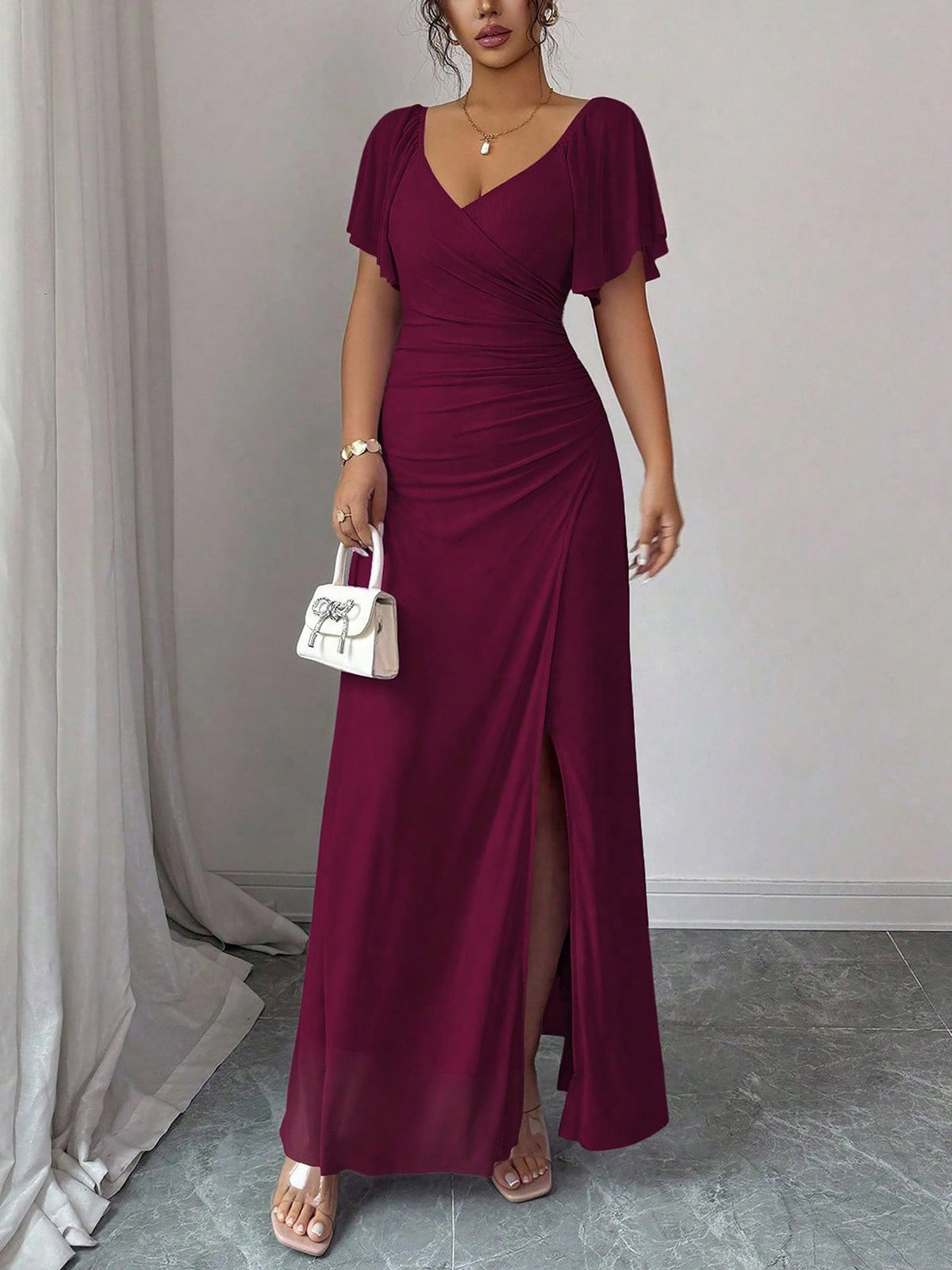 Mesh Panel V-Neck Flare Short Sleeve Slit Dress