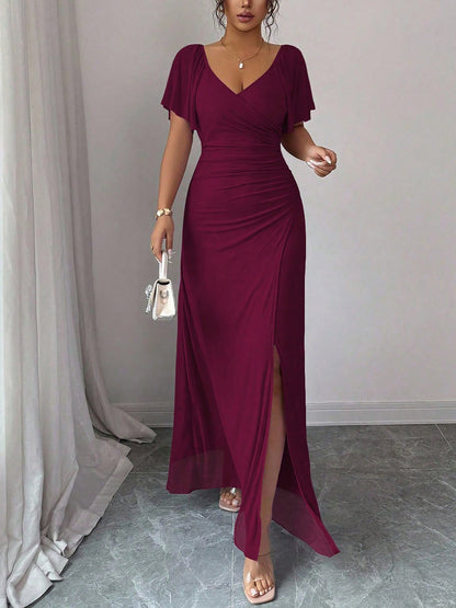 Mesh Panel V-Neck Flare Short Sleeve Slit Dress