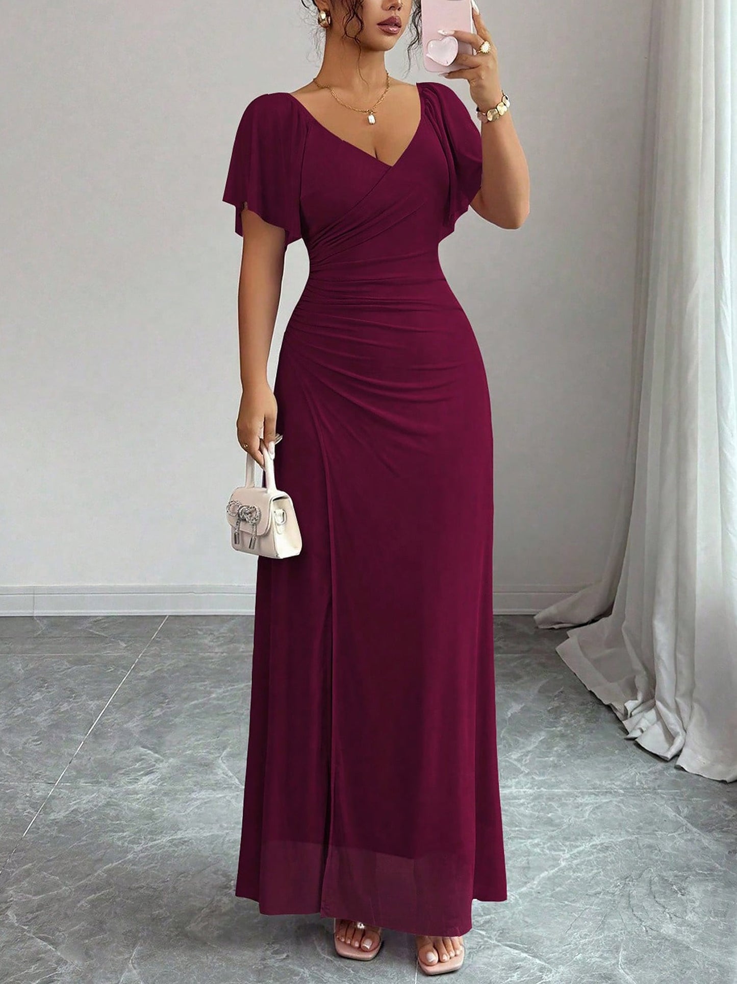 Mesh Panel V-Neck Flare Short Sleeve Slit Dress