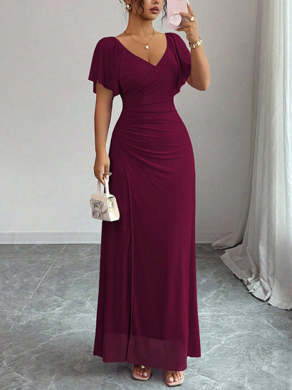 Mesh Panel V-Neck Flare Short Sleeve Slit Dress