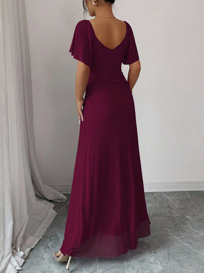 Mesh Panel V-Neck Flare Short Sleeve Slit Dress