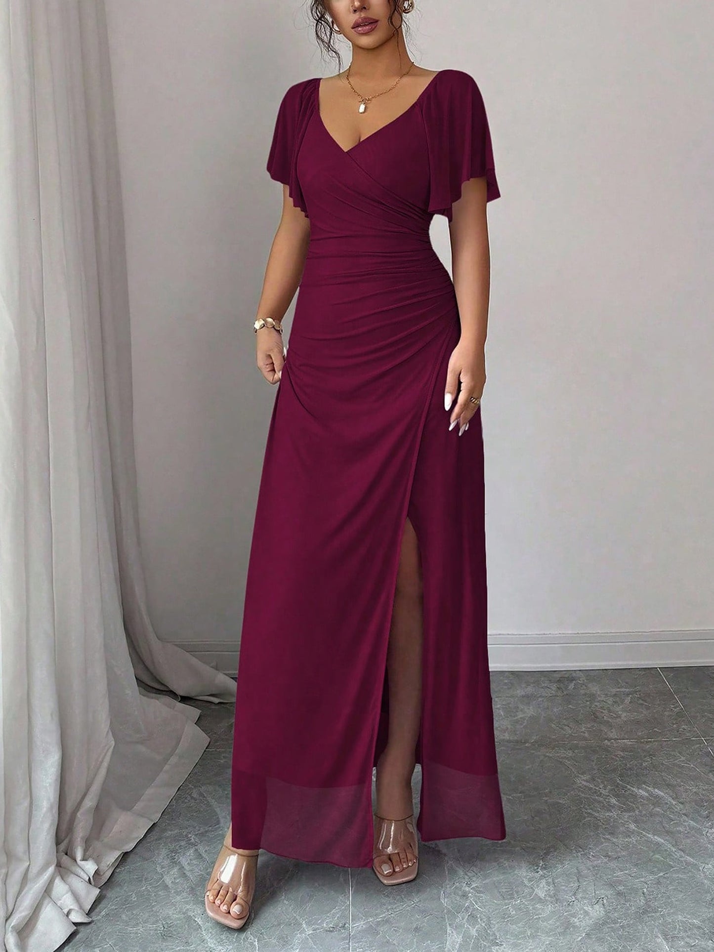 Mesh Panel V-Neck Flare Short Sleeve Slit Dress