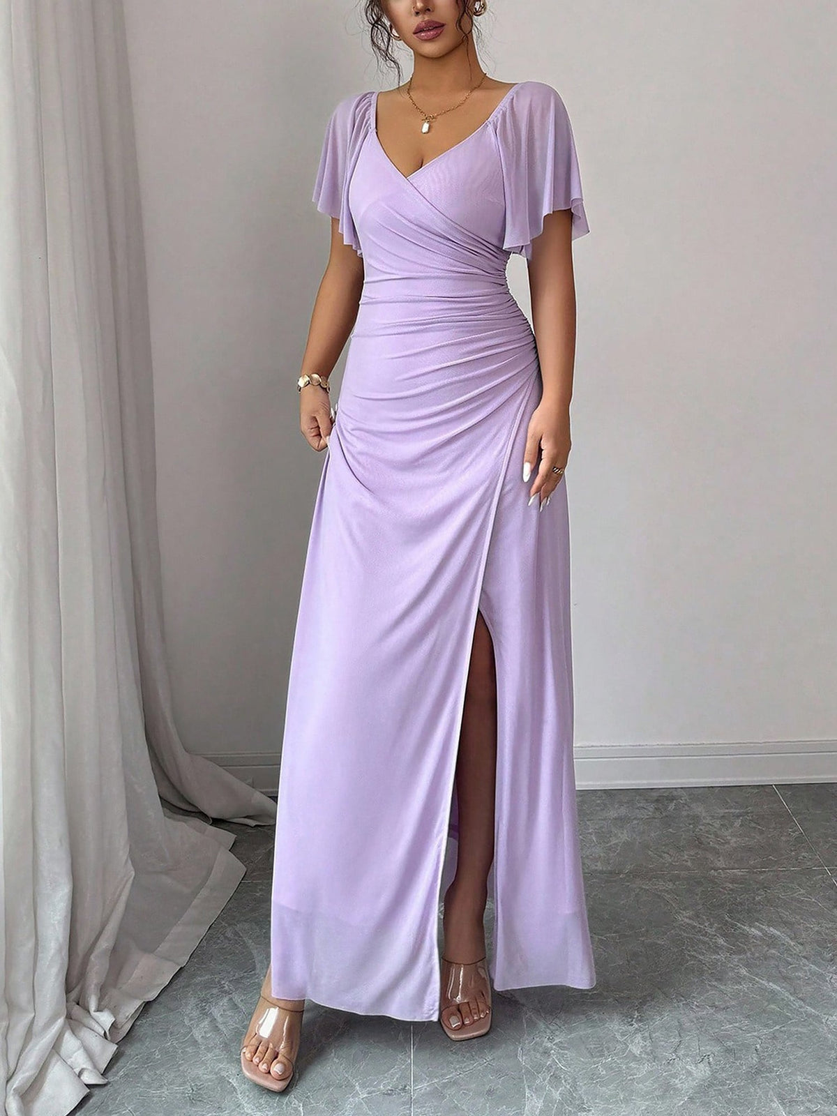 Mesh Panel V-Neck Flare Short Sleeve Slit Dress