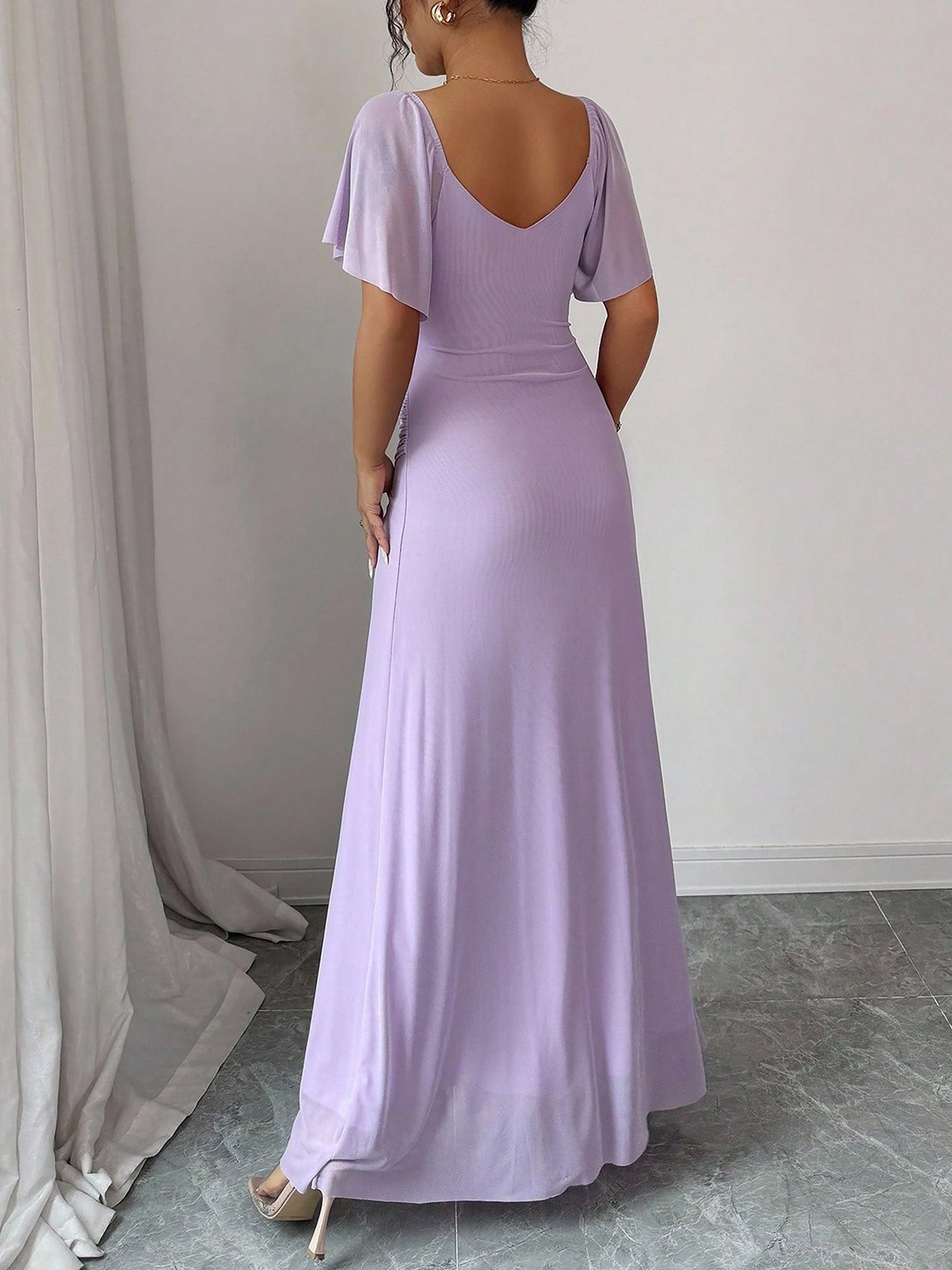 Mesh Panel V-Neck Flare Short Sleeve Slit Dress