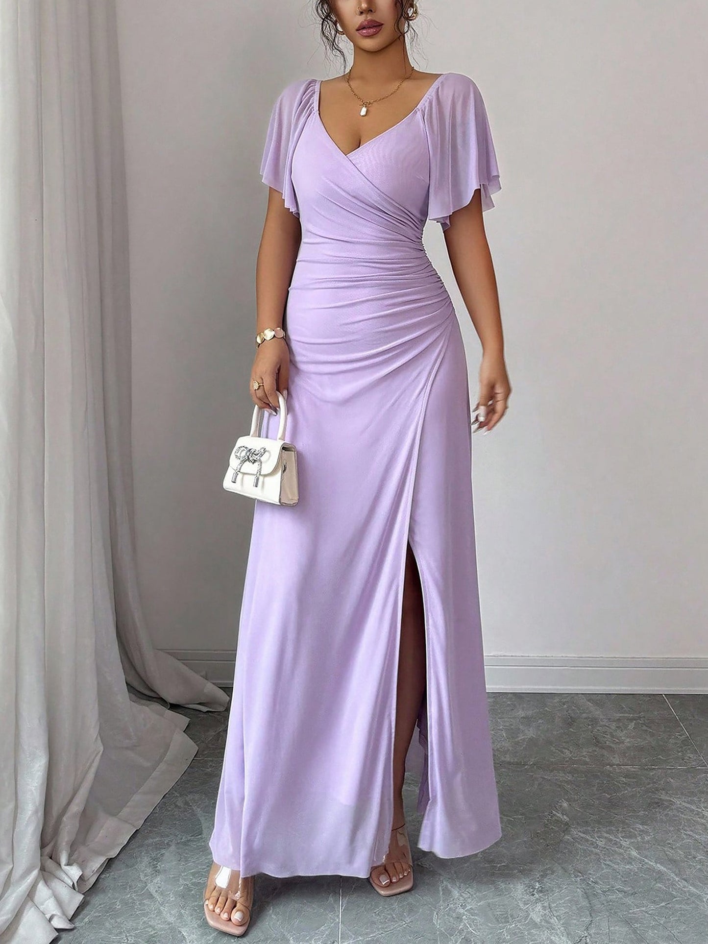 Mesh Panel V-Neck Flare Short Sleeve Slit Dress