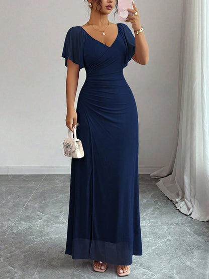 Mesh Panel V-Neck Flare Short Sleeve Slit Dress