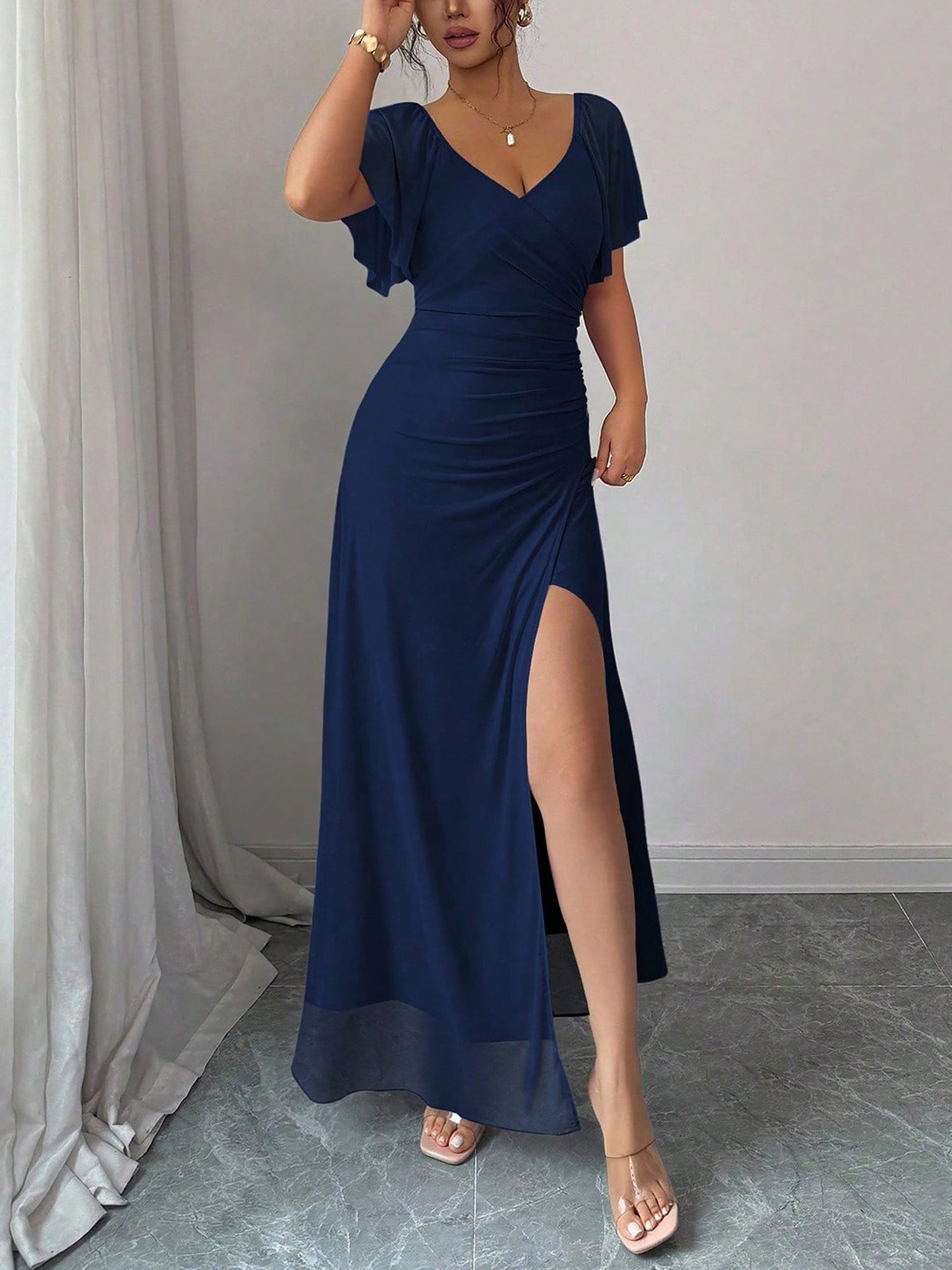 Mesh Panel V-Neck Flare Short Sleeve Slit Dress