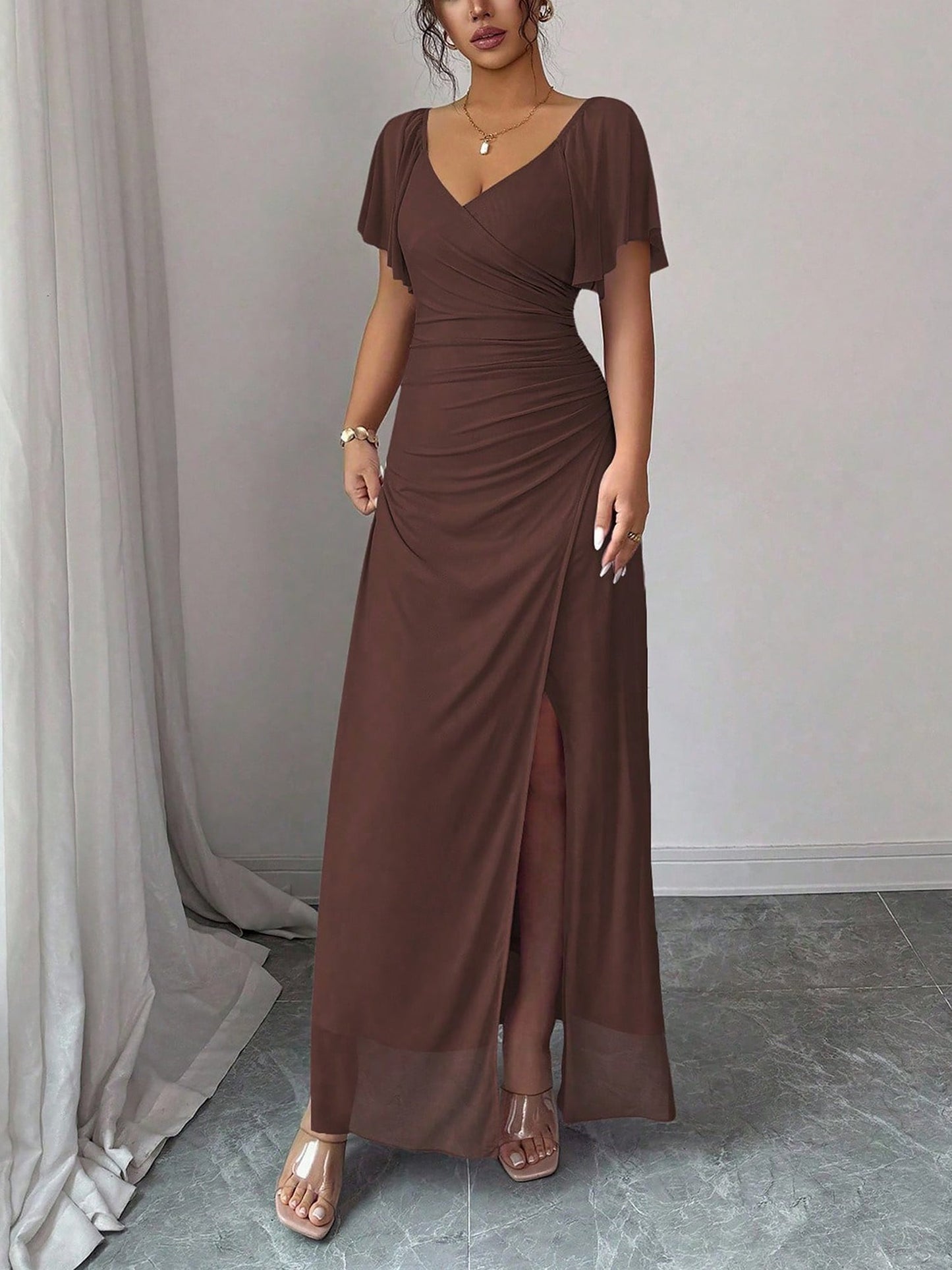 Mesh Panel V-Neck Flare Short Sleeve Slit Dress