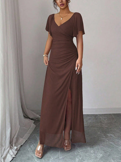 Mesh Panel V-Neck Flare Short Sleeve Slit Dress