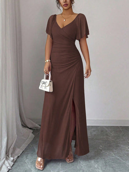 Mesh Panel V-Neck Flare Short Sleeve Slit Dress