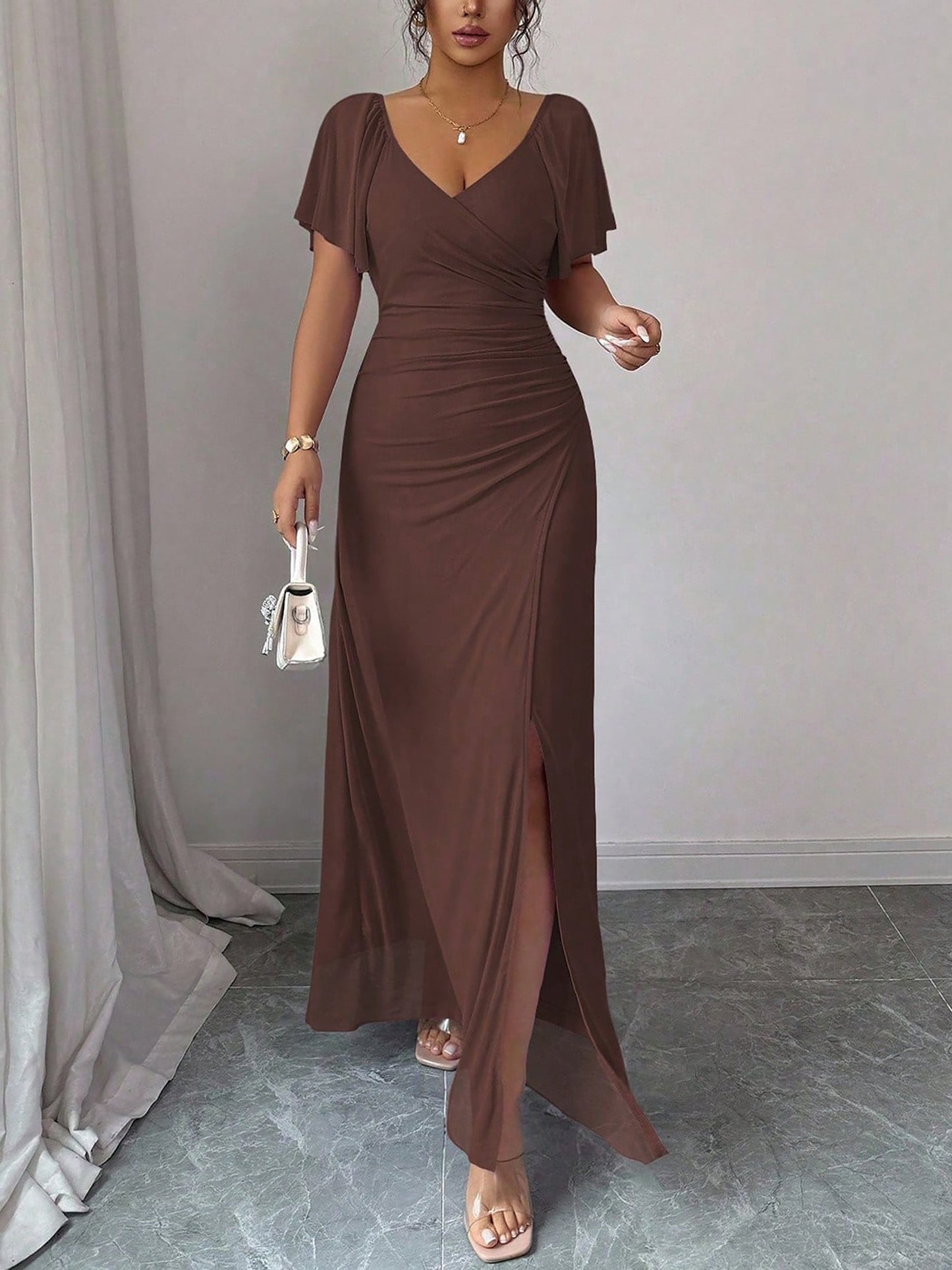 Mesh Panel V-Neck Flare Short Sleeve Slit Dress