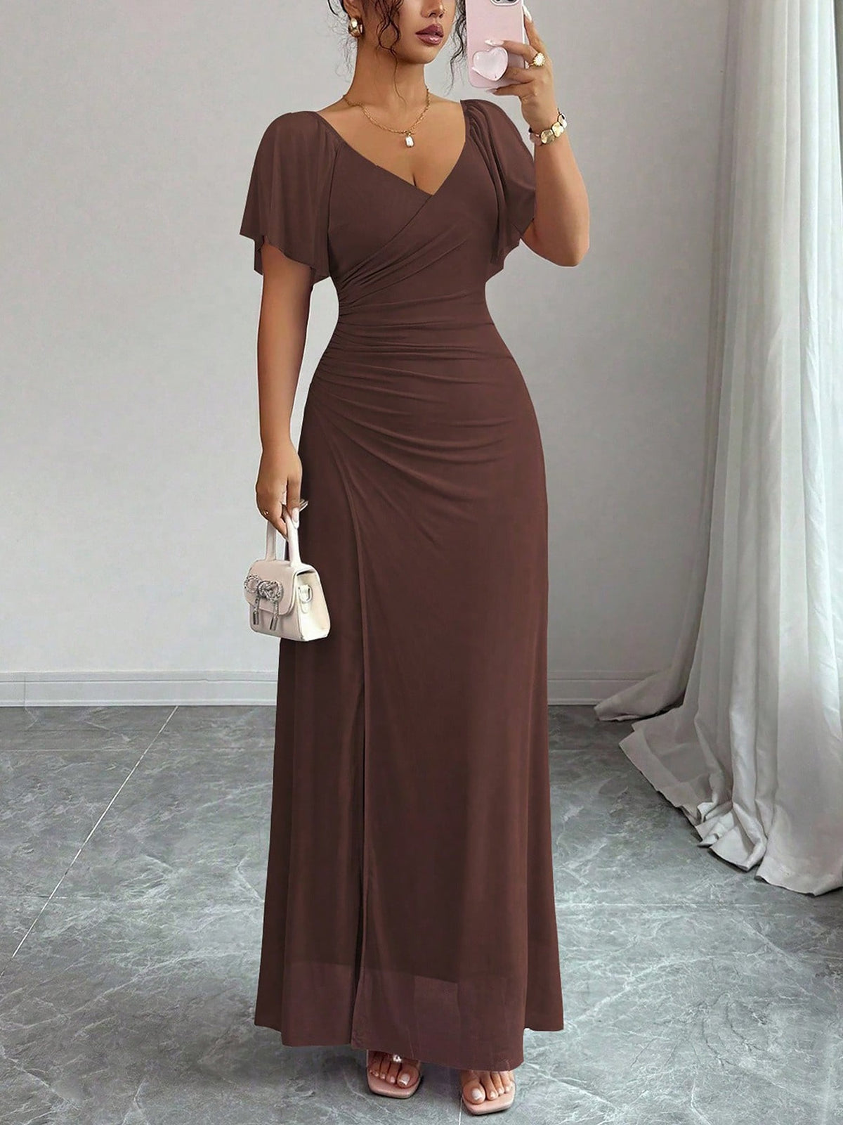 Mesh Panel V-Neck Flare Short Sleeve Slit Dress