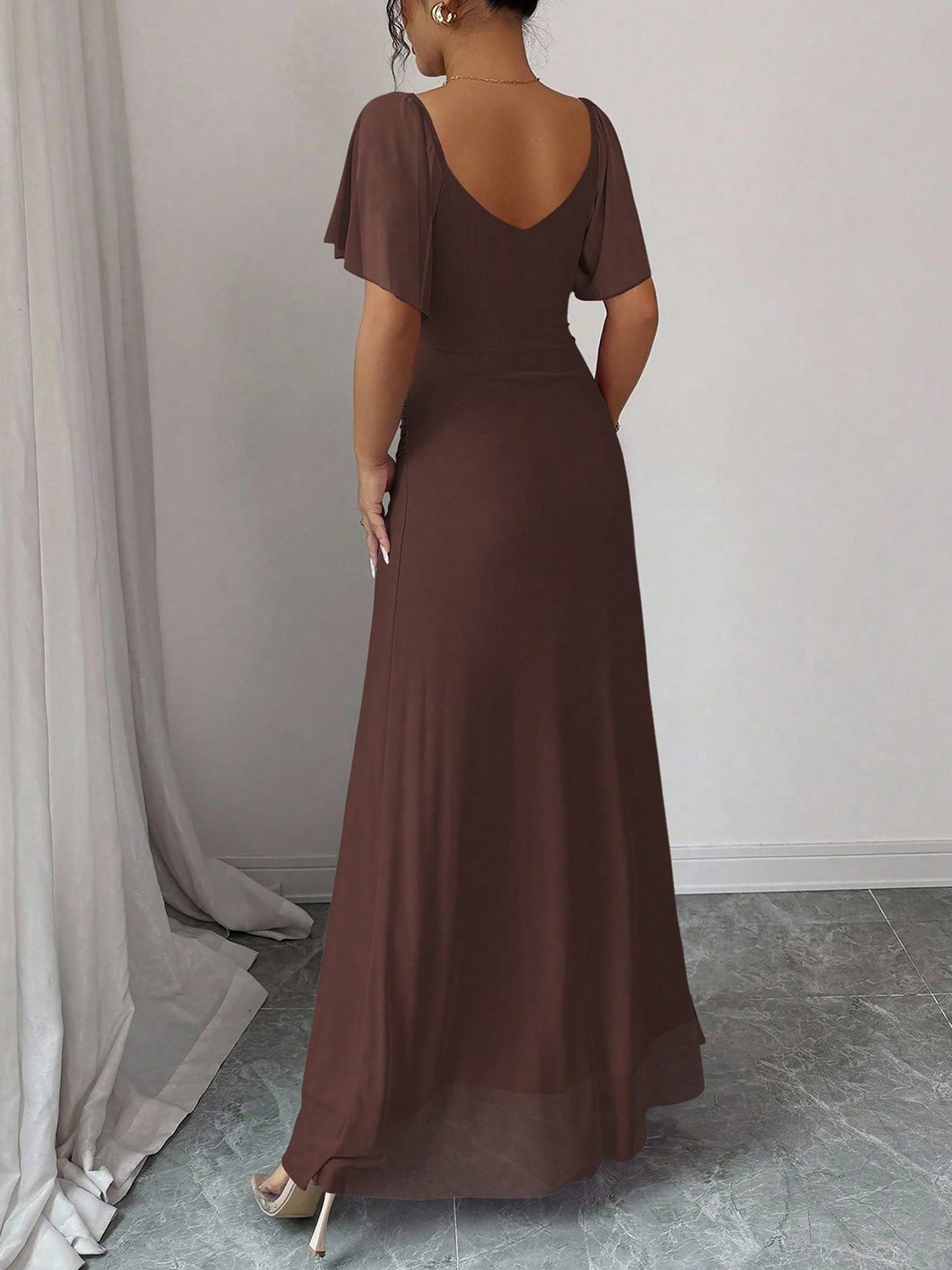 Mesh Panel V-Neck Flare Short Sleeve Slit Dress