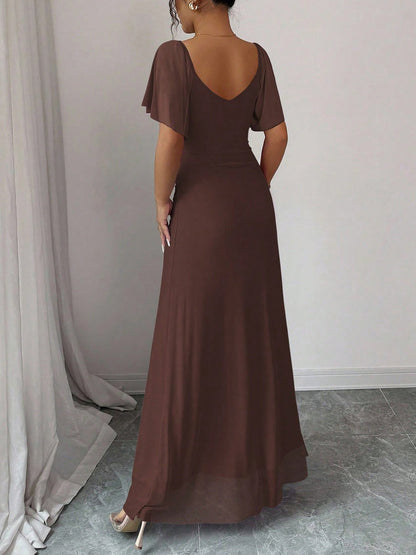 Mesh Panel V-Neck Flare Short Sleeve Slit Dress