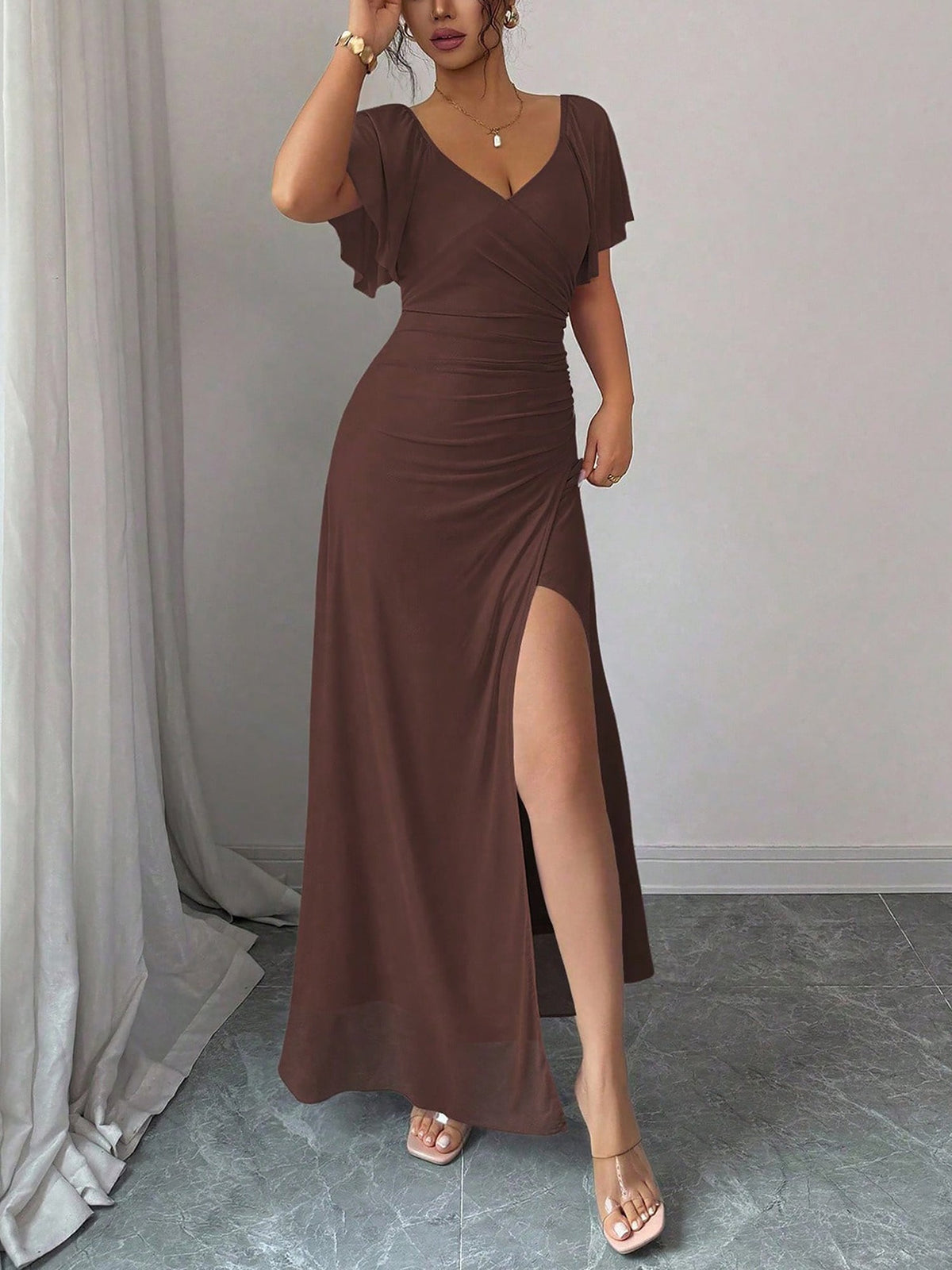 Mesh Panel V-Neck Flare Short Sleeve Slit Dress