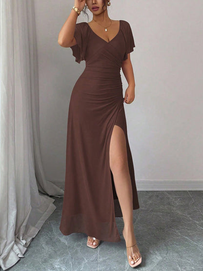 Mesh Panel V-Neck Flare Short Sleeve Slit Dress