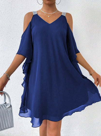 Cold Shoulder Solid Color Ruffled Chiffon Dress