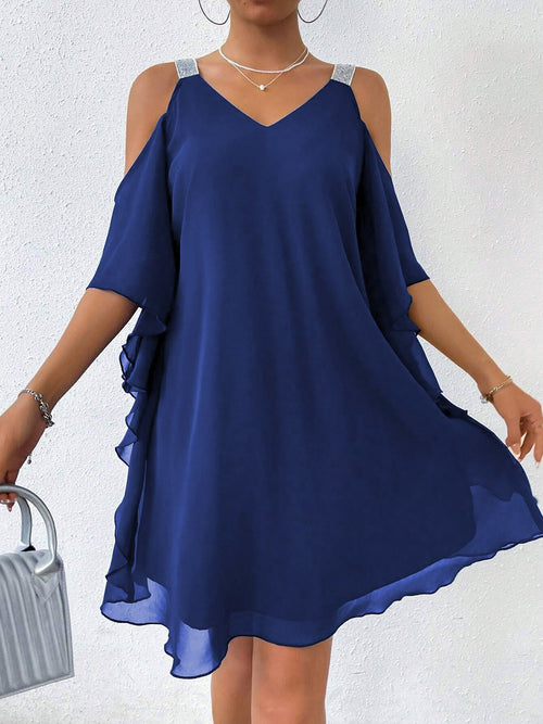 Cold Shoulder Solid Color Ruffled Chiffon Dress