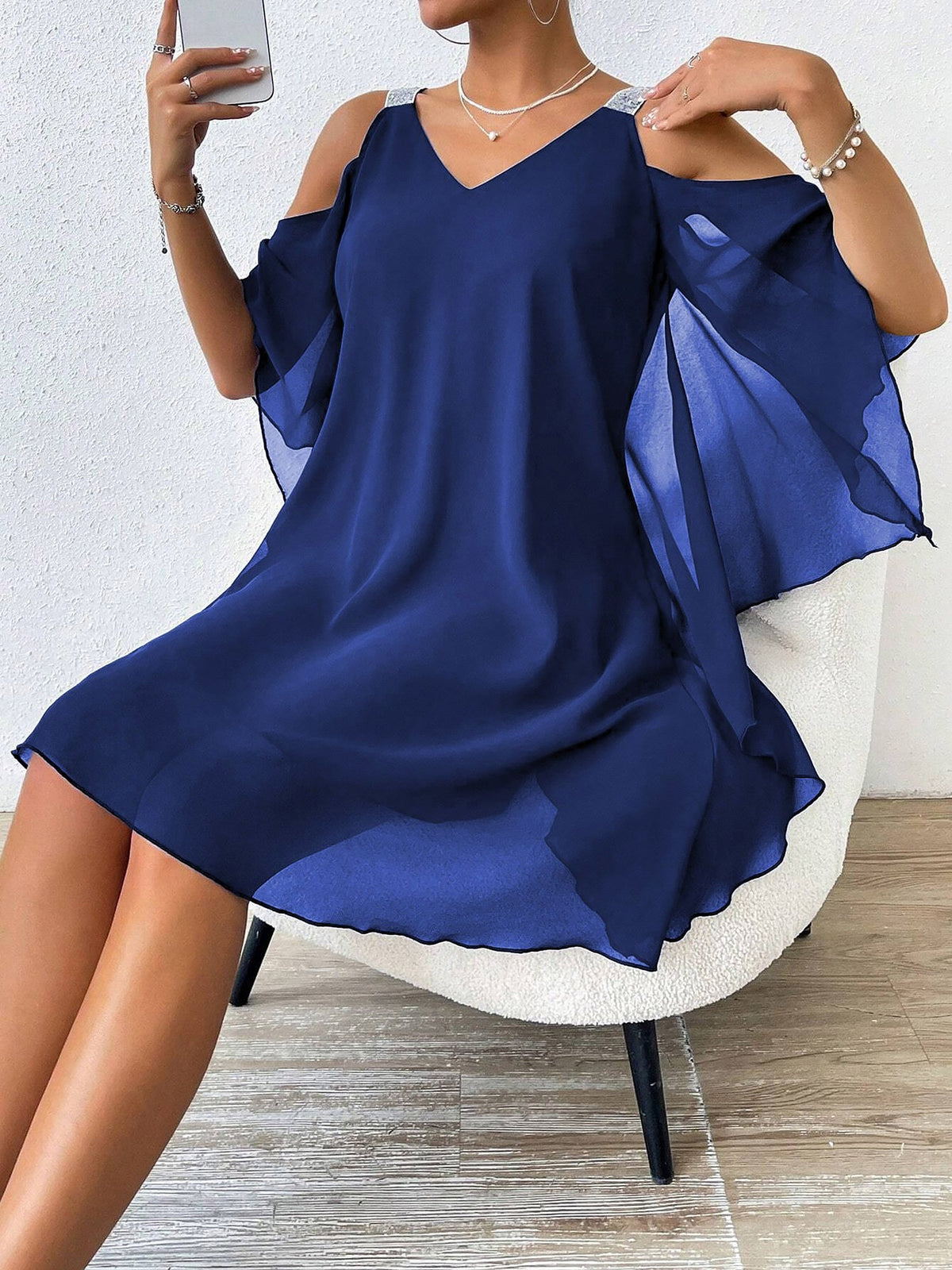 Cold Shoulder Solid Color Ruffled Chiffon Dress
