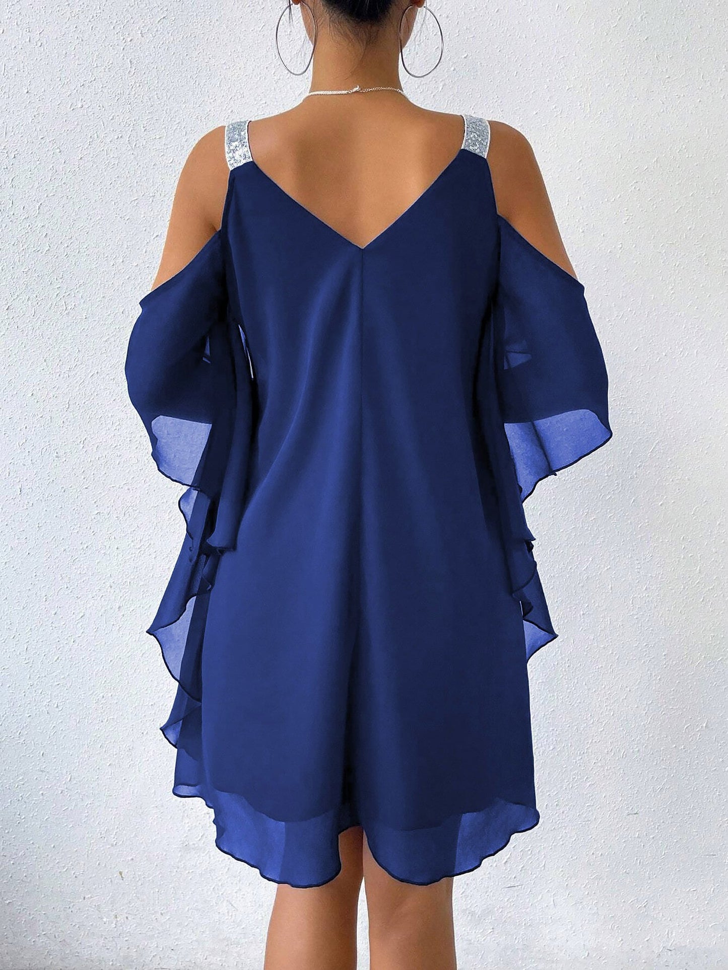 Cold Shoulder Solid Color Ruffled Chiffon Dress