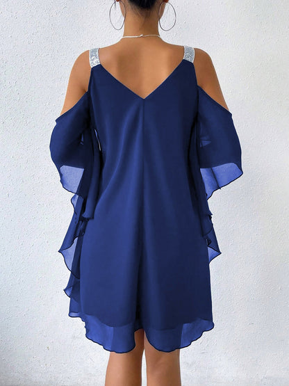 Cold Shoulder Solid Color Ruffled Chiffon Dress