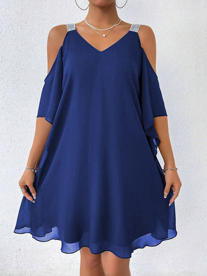 Cold Shoulder Solid Color Ruffled Chiffon Dress