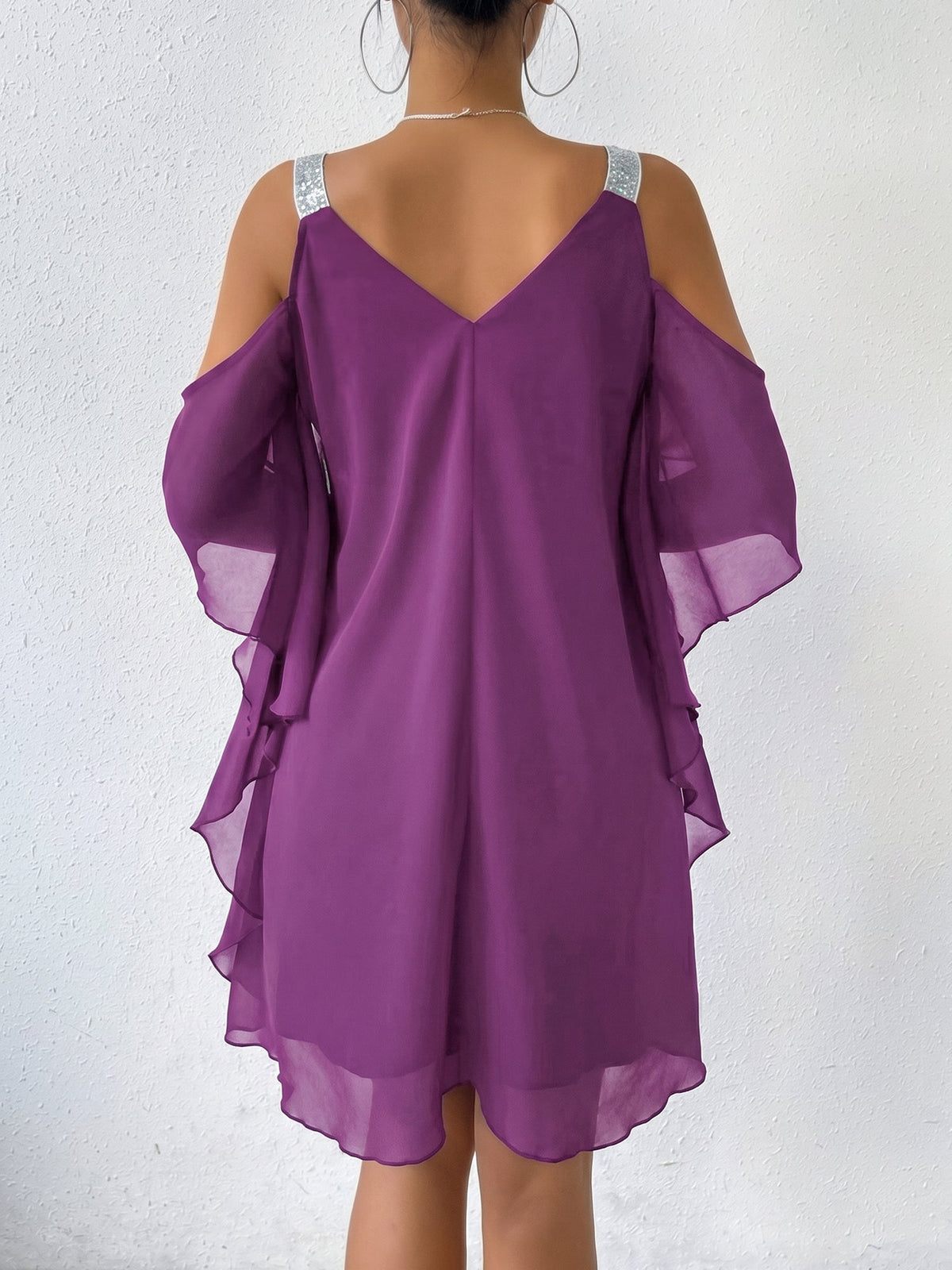 Cold Shoulder Solid Color Ruffled Chiffon Dress