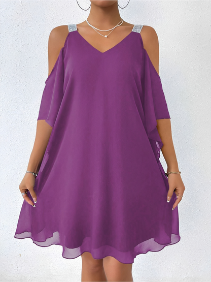 Cold Shoulder Solid Color Ruffled Chiffon Dress