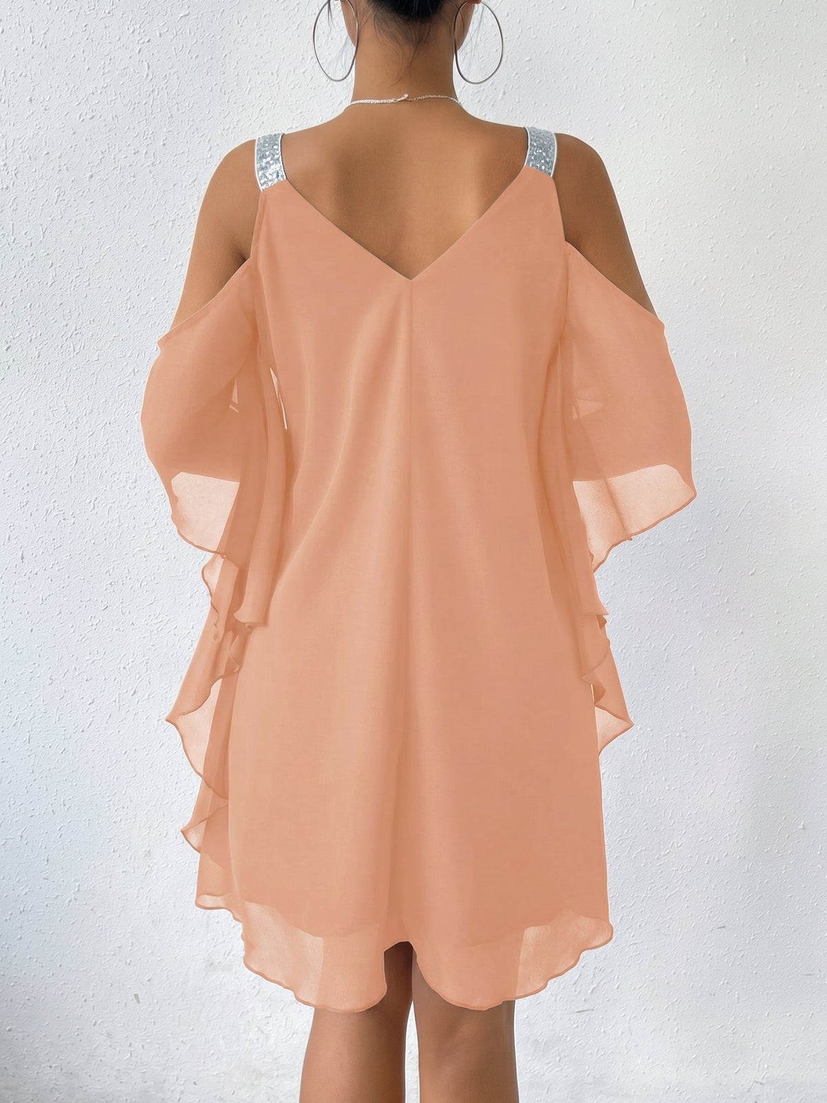 Cold Shoulder Solid Color Ruffled Chiffon Dress