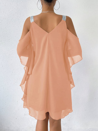 Cold Shoulder Solid Color Ruffled Chiffon Dress