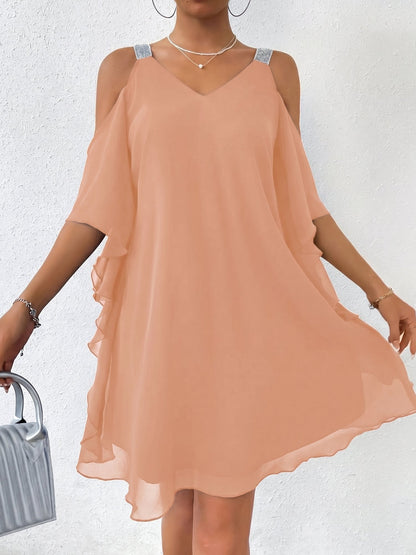 Cold Shoulder Solid Color Ruffled Chiffon Dress