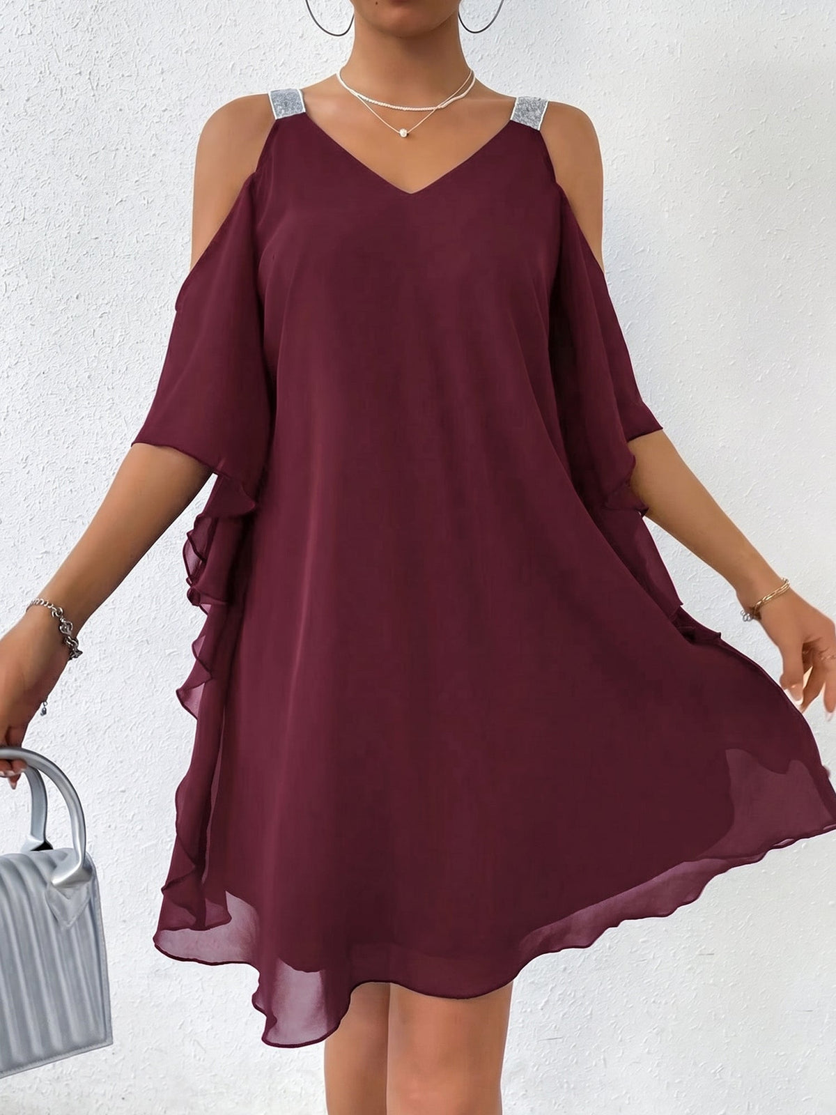 Cold Shoulder Solid Color Ruffled Chiffon Dress