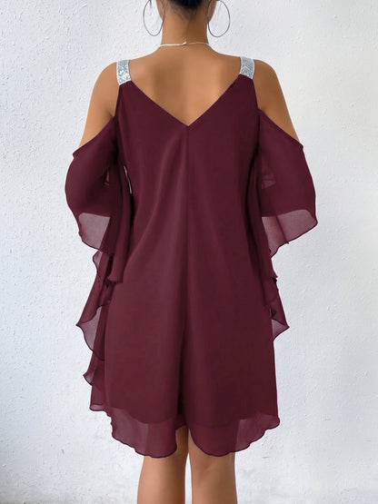 Cold Shoulder Solid Color Ruffled Chiffon Dress