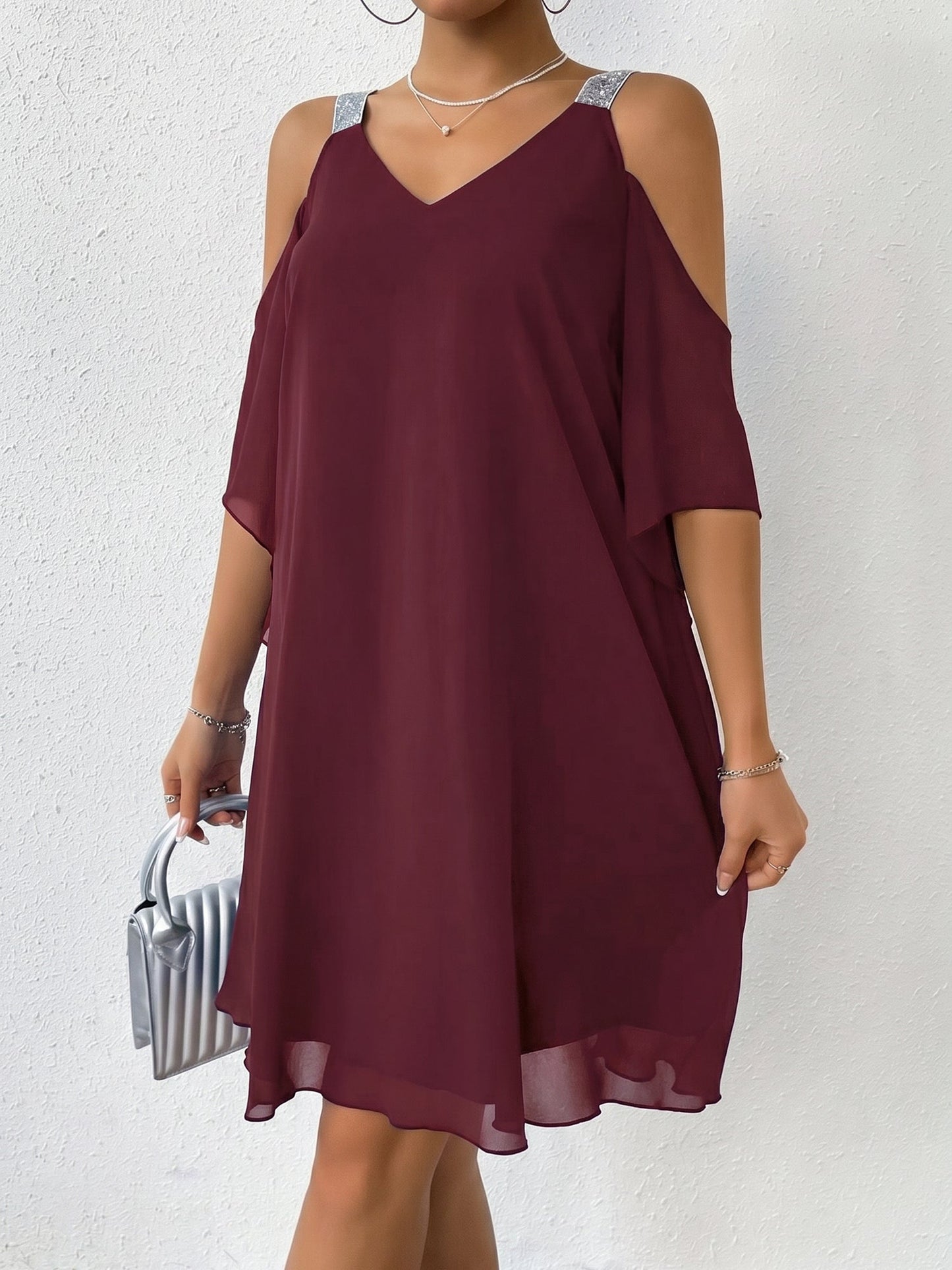 Cold Shoulder Solid Color Ruffled Chiffon Dress