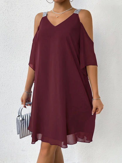 Cold Shoulder Solid Color Ruffled Chiffon Dress