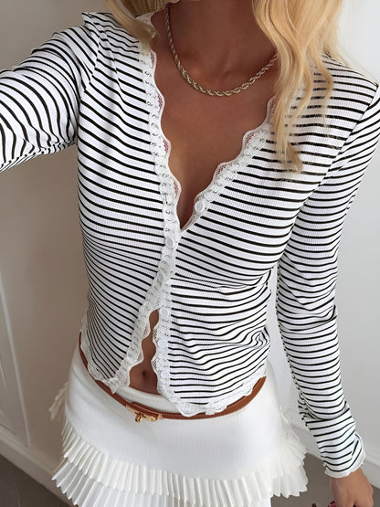 Striped Long Sleeve Button Down Lace Knit Top