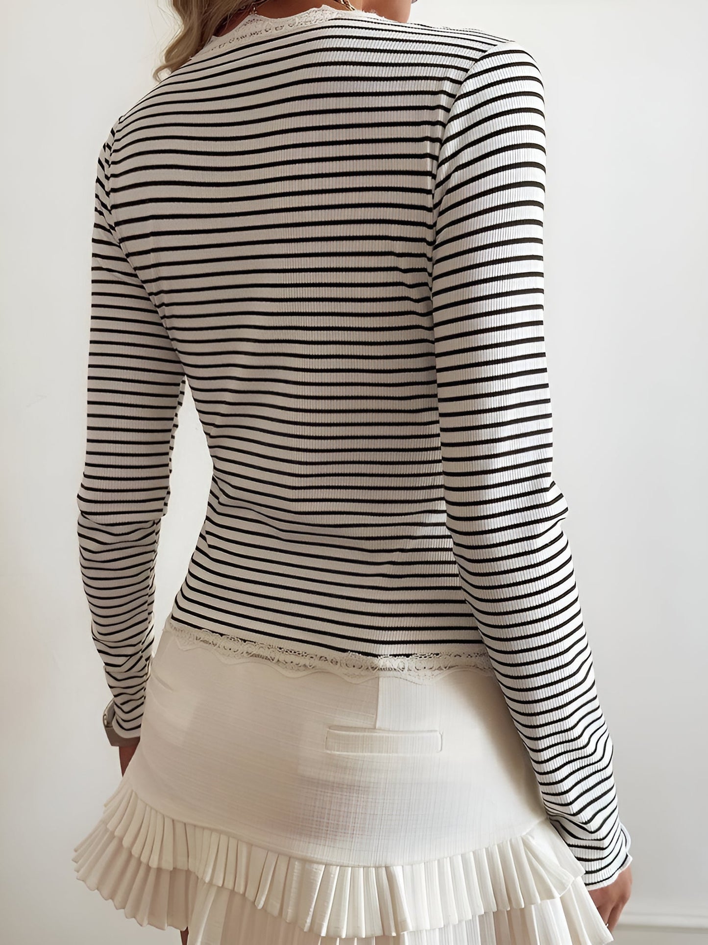 Striped Long Sleeve Button Down Lace Knit Top