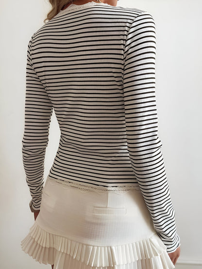 Striped Long Sleeve Button Down Lace Knit Top