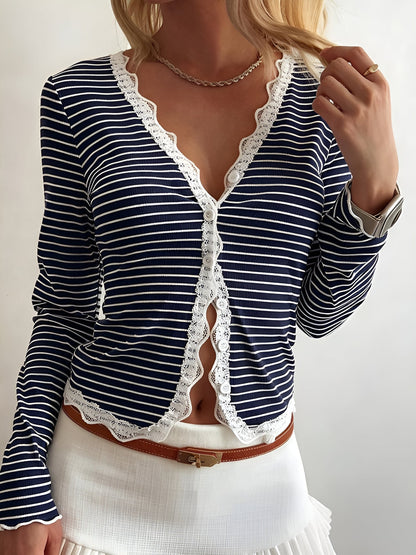 Striped Long Sleeve Button Down Lace Knit Top