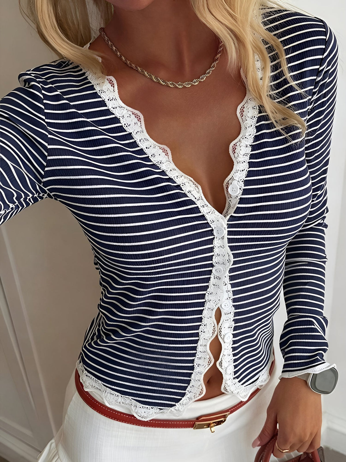 Striped Long Sleeve Button Down Lace Knit Top