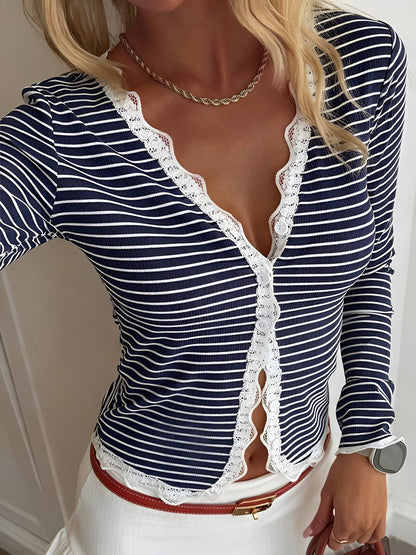 Striped Long Sleeve Button Down Lace Knit Top