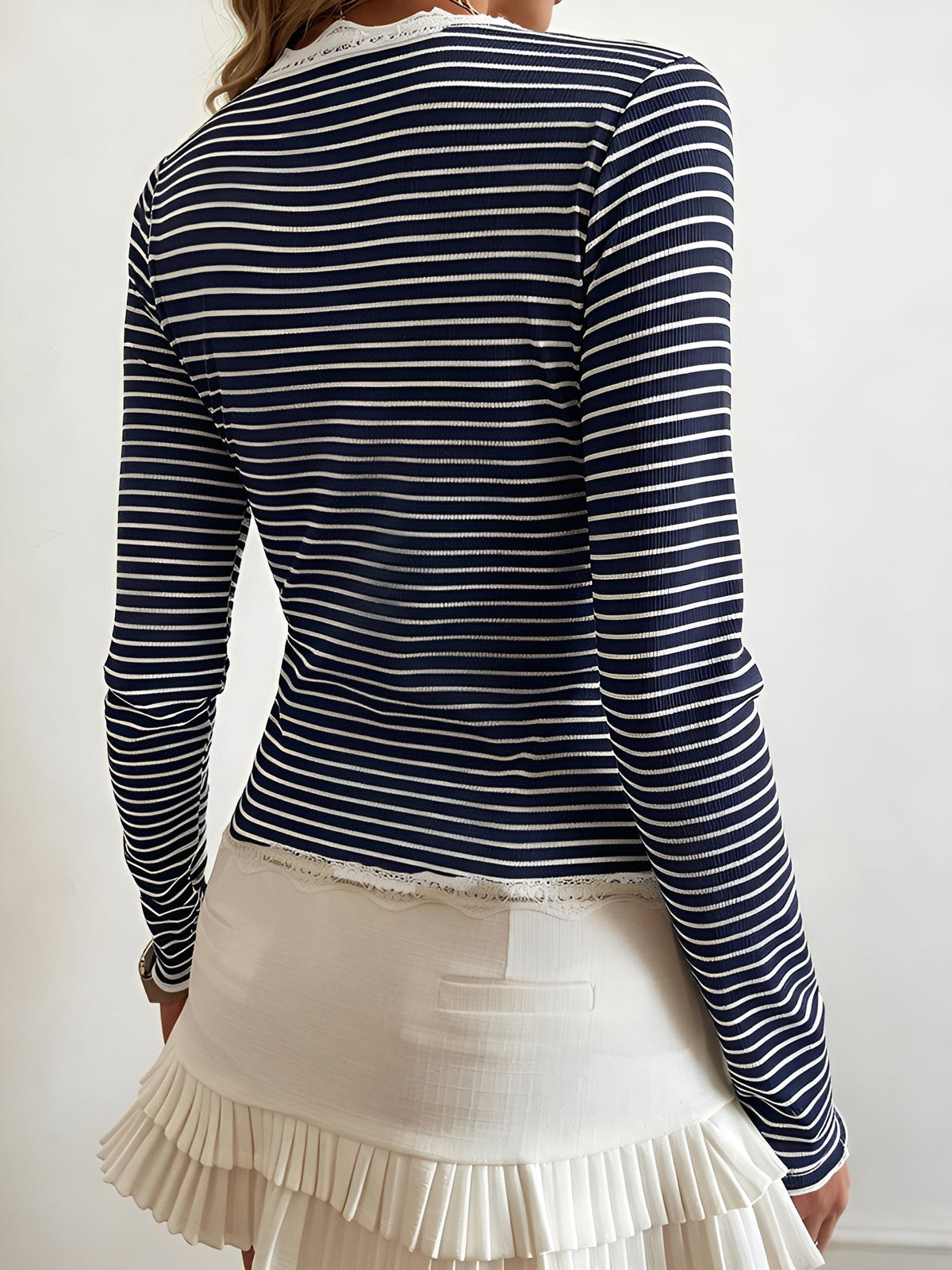 Striped Long Sleeve Button Down Lace Knit Top