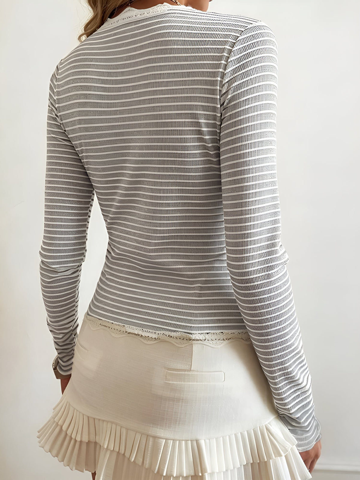 Striped Long Sleeve Button Down Lace Knit Top