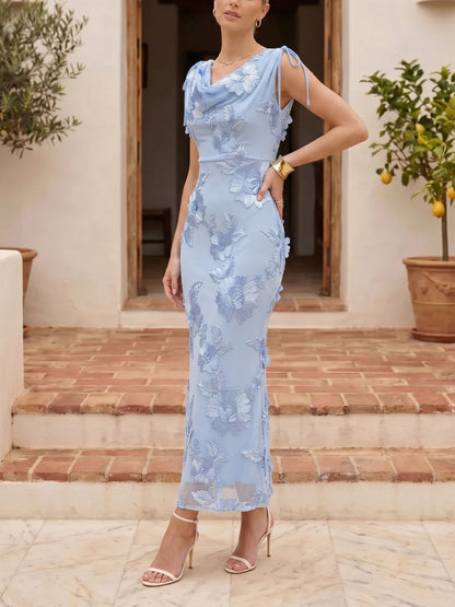 Cowl Neck Floral Bodycon Maxi Dress Evening Gown