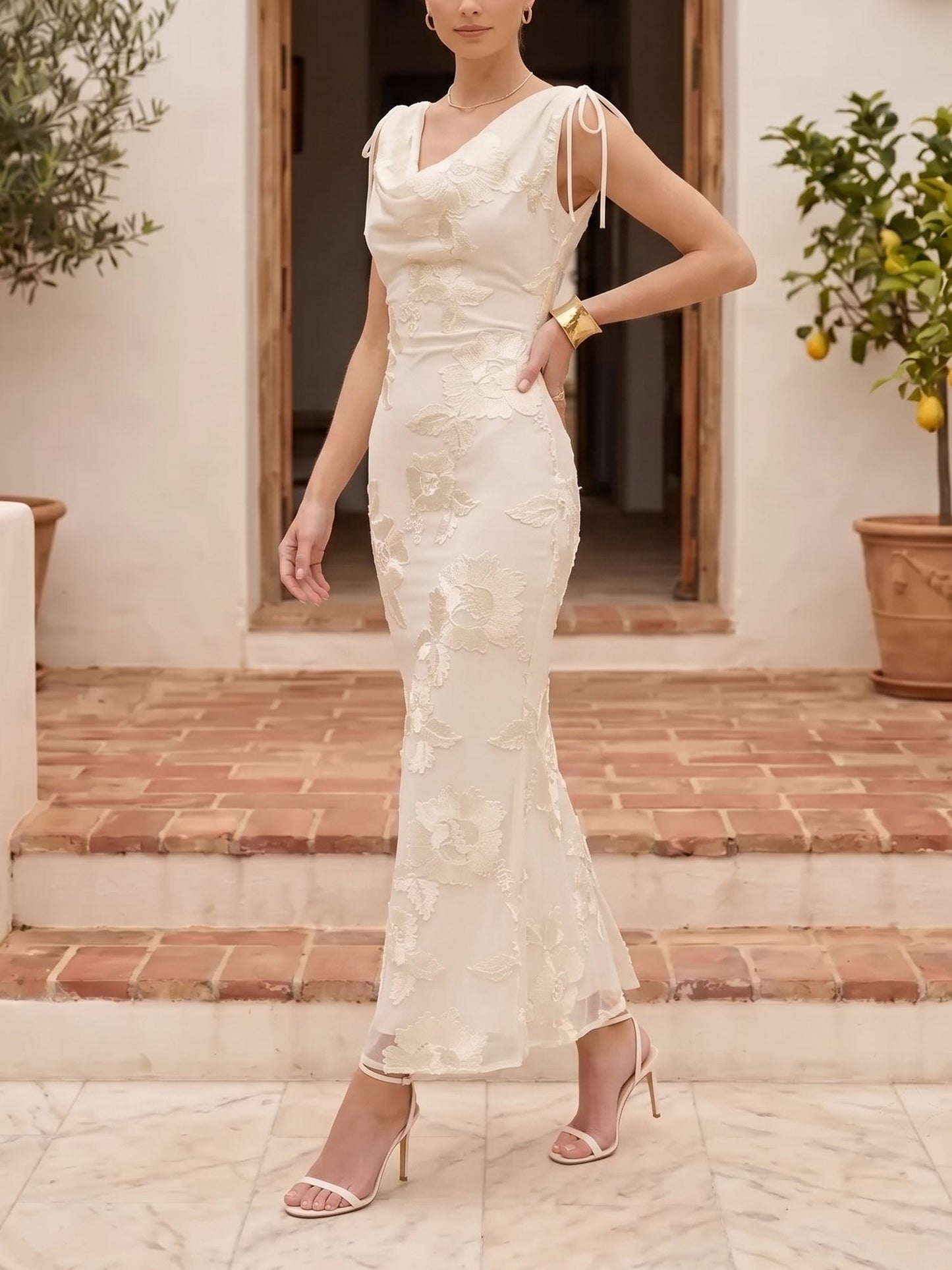 Cowl Neck Floral Bodycon Maxi Dress Evening Gown
