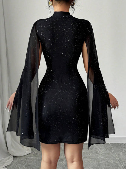 Mock Neck Ribbed Cape Style Bodycon Mini Dress