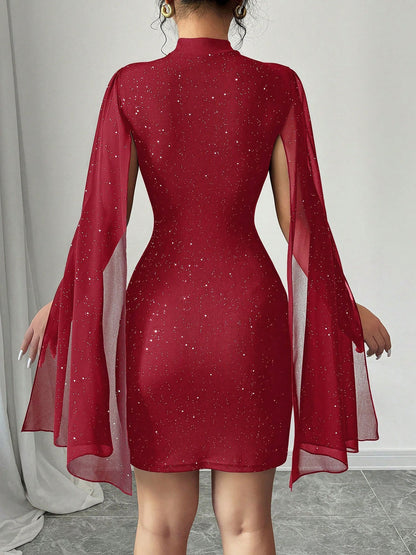 Mock Neck Ribbed Cape Style Bodycon Mini Dress