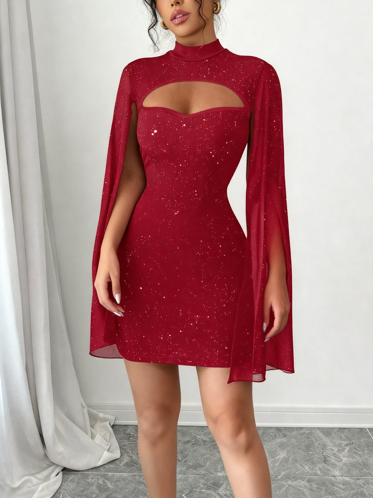 Mock Neck Ribbed Cape Style Bodycon Mini Dress
