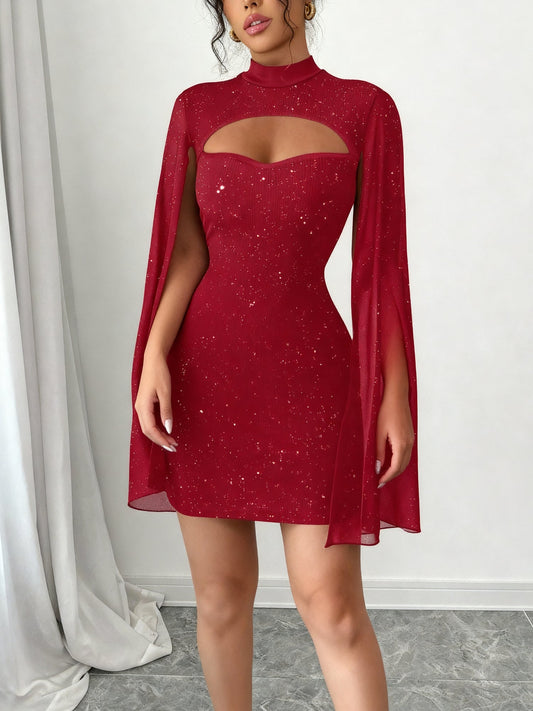 Mock Neck Ribbed Cape Style Bodycon Mini Dress